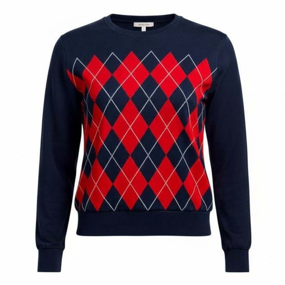 Tommy Hilfiger Cotton Argyle V-Neck Long Sleeve Sweater in Classic Navy and Red